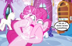 Size: 1024x651 | Tagged: safe, artist:silverbuller, character:pinkie pie, character:rarity, g4, breaking the fourth wall, broken, carousel boutique, dialogue, fourth wall, ponyquin, shattered, shattered glass, speech bubble, text, touching face