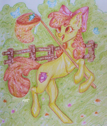 Size: 2399x2833 | Tagged: safe, artist:lovely-pony, character:apple bloom, species:pony, g4, butterfly, female, solo, traditional art