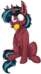 Size: 1048x1904 | Tagged: safe, artist:rokosmith26, oc, oc only, oc:echo, species:bat pony, species:pony, species:unicorn, g4, belly fluff, blind, cheek fluff, chest fluff, ear fluff, female, filly, food, freckles, horn, hybrid, looking down, mango, mouth hold, short hair, simple background, sitting, solo, tail, transparent background