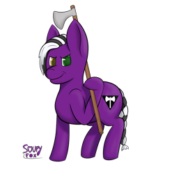 Size: 3000x3000 | Tagged: safe, artist:soupyfox, oc, oc only, species:earth pony, species:pony, g4, axe, black and white mane, braided tail, commission, dane axe, grin, looking at you, shading, simple background, smiling, solo, transparent background, weapon