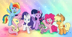 Size: 2482x1294 | Tagged: safe, artist:nedemai, character:applejack, character:fluttershy, character:pinkie pie, character:rainbow dash, character:rarity, character:spike, character:twilight sparkle, character:twilight sparkle (alicorn), species:alicorn, species:pony, g4, colorful, mane seven, mane six, no pupils, rainbow