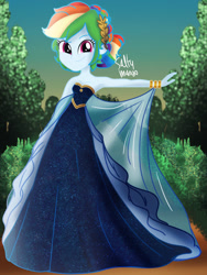 Size: 960x1280 | Tagged: safe, artist:saltymango, character:rainbow dash, species:eqg human, g4, my little pony:equestria girls, alternate clothes, alternate hairstyle, bracelet, clothing, cute, dashabetes, dress, female, hair bun, jewelry, looking at you, rainbow dash always dresses in style, smiling, solo, sunset