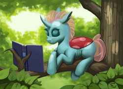 Size: 1600x1161 | Tagged: safe, artist:zevironmoniroth, character:ocellus, species:changedling, species:changeling, species:reformed changeling, g4, book, crossed hooves, female, reading, smiling, solo, tree, tree branch