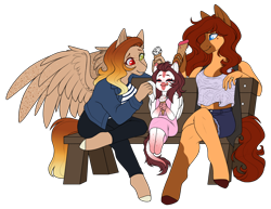 Size: 2666x2061 | Tagged: safe, artist:purplegrim40, oc, oc only, oc:ember rose, oc:firelight, oc:honeypot meadow, species:anthro, species:dracony, species:dragon, species:earth pony, species:pegasus, species:pony, species:unguligrade anthro, g4, adopted offspring, anthro oc, clothing, commission, digital art, earth pony oc, family, female, filly, food, freckles, gradient hair, gradient hooves, heterochromia, hybrid, ice cream, jewelry, lesbian, mare, married couple, napkin, pants, park bench, pegasus oc, ring, shorts, simple background, transparent background, wedding ring, wing freckles, wings