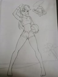 Size: 2976x3968 | Tagged: safe, artist:kenuma, character:rainbow dash, character:tank, g4, my little pony:equestria girls, beach, beach ball, belly button, clothing, hat, palm tree, shorts, sketch, traditional art, tree