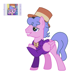 Size: 1048x1036 | Tagged: safe, artist:moonlightthegriffon, base used, species:pegasus, species:pony, episode:one click wonder, g4.5, my little pony: pony life, my little pony:pony life, spoiler:pony life s01e28, bow tie, clothing, condescending wonka, g4.5 to g4, hat, male, meme, ponified, ponified meme, screencap reference, simple background, top hat, willy wonka