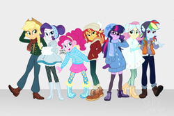 Size: 3000x2000 | Tagged: safe, artist:saltymango, character:applejack, character:fluttershy, character:pinkie pie, character:rainbow dash, character:rarity, character:sunset shimmer, character:twilight sparkle, character:twilight sparkle (scitwi), species:eqg human, g4, my little pony:equestria girls, boots, clothing, cowboy hat, cute, dashabetes, earmuffs, female, hat, humane five, humane seven, humane six, jackabetes, looking at you, raribetes, shimmerbetes, shoes, shyabetes, smiling, twiabetes, winter outfit