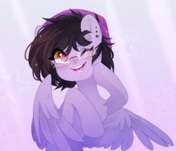 Size: 2634x2268 | Tagged: safe, artist:whiteliar, oc, oc only, oc:nightshade (pegasus), species:pegasus, species:pony, g4, beanie, blushing, cheek squish, chest fluff, clothing, ear fluff, ear piercing, earring, female, glasses, hat, jewelry, mare, one eye closed, piercing, simple background, smiling, solo, squishy cheeks, wink