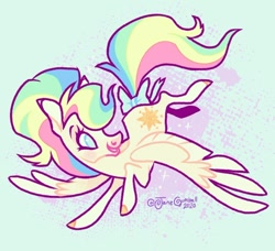 Size: 1280x1165 | Tagged: safe, artist:janegumball, species:pegasus, species:pony, g1, bow, colored hooves, female, flying, g1 to g4, generation leap, mare, multicolored hair, rainbow hair, solo, starshine, tail bow