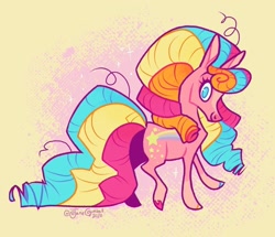 Size: 1280x1103 | Tagged: safe, artist:janegumball, character:stripes (g1), species:earth pony, species:pony, g1, colored hooves, female, g1 to g4, generation leap, looking at you, mare, no pupils, rainbow curl pony, solo