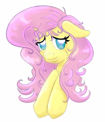 Size: 1280x1492 | Tagged: safe, artist:nedemai, character:fluttershy, species:pony, g4, blushing, bust, cheek fluff, female, floppy ears, looking at you, mare, no pupils, portrait, simple background, smiling, solo, stray strand, three quarter view, white background