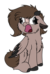 Size: 614x906 | Tagged: safe, artist:rokosmith26, oc, oc only, species:demon pony, species:pegasus, species:pony, g4, brown mane, cheek fluff, chest fluff, cute, cute little fangs, demon, derp, fangs, female, filly, floppy ears, fluffy, horn, hybrid, markings, open mouth, original species, short hair, simple background, sitting, solo, tail, tooth, transparent background, wide mouth, wings