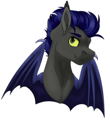 Size: 1747x1921 | Tagged: safe, artist:rokosmith26, oc, oc only, oc:lunar sentry, species:bat pony, species:pony, g4, bat wings, bust, looking up, male, portrait, short hair, simple background, smiling, solo, spread wings, stallion, transparent background, wings
