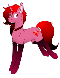 Size: 1092x1424 | Tagged: safe, artist:rokosmith26, oc, oc only, oc:ruby madness, species:pony, species:unicorn, g4, cheek fluff, clothing, ear fluff, female, horn, jewelry, long hair, long mane, looking at you, mare, necklace, piercing, red eyes, red mane, ruby, simple background, solo, stockings, tail, thigh highs, tongue out, transparent background