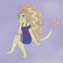 Size: 2250x2250 | Tagged: safe, artist:suchosophie, character:adagio dazzle, species:anthro, species:siren, g4, my little pony:equestria girls, aquatic, arm fins, clothing, crossed legs, ear fins, fangs, female, freckles, monster girl, sitting, solo, tail fin, webbed feet