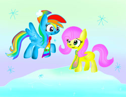 Size: 1342x1043 | Tagged: safe, artist:ameliayap, character:fluttershy, character:rainbow dash, species:pegasus, species:pony, g4, clothing, cute, female, scarf, snow