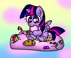Size: 1072x884 | Tagged: safe, artist:ameliayap, character:twilight sparkle, character:twilight sparkle (alicorn), species:alicorn, species:pony, g4, candy, cloud, cookie, cotton candy, cotton candy cloud, cute, female, food, solo, twiabetes, weapons-grade cute