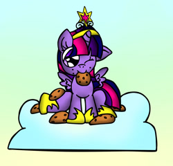 Size: 1326x1273 | Tagged: safe, artist:ameliayap, character:twilight sparkle, character:twilight sparkle (alicorn), species:alicorn, species:pony, g4, cloud, cookie, cute, element of magic, female, food, gradient background, one eye closed, solo, twiabetes