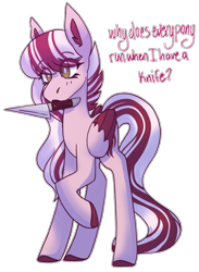 Size: 2307x3157 | Tagged: safe, artist:raya, oc, oc only, oc:dusty ember, species:pegasus, species:pony, g4, commission, cute, knife, simple background, solo, talking, transparent background