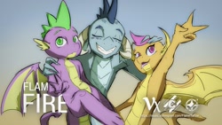 Size: 1280x720 | Tagged: safe, artist:double-zr-tap, edit, character:princess ember, character:smolder, character:spike, species:dragon, g4, epic, promo, wings
