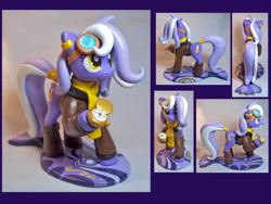 Size: 1600x1200 | Tagged: safe, artist:cadmiumcrab, oc, oc only, oc:aether naut, species:earth pony, species:pony, g4, clothing, craft, earth pony oc, female, goggles, hoof hold, irl, looking up, mare, photo, scarf, sculpture, smiling, stopwatch, tail wrap