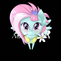 Size: 1500x1500 | Tagged: safe, artist:nivimonster, character:kerfuffle, species:pegasus, species:pony, g4, cute, flower, fufflebetes, looking at you, mouth hold, purple eyes, simple background