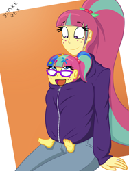 Size: 1500x2000 | Tagged: safe, artist:drake-rex, character:sour sweet, oc, oc:citrus flare, oc:sparks, parent:sour sweet, parents:canon x oc, g4, my little pony:equestria girls, barefoot, clothing, commission, feet, female, freckles, glasses, hoodie, jewelry, momma sour sweet, mother and child, mother and daughter, offspring, parent:oc:sparks, parents:sourks, ring, shared clothing, sourks, wedding ring