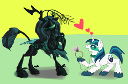 Size: 2500x1647 | Tagged: safe, artist:ja0822ck, character:queen chrysalis, character:shining armor, species:changeling, species:pony, species:unicorn, episode:a canterlot wedding, g4, my little pony: friendship is magic, abdomen, antennae, changeling queen, claws, collar, compound eyes, exoskeleton, female, floating heart, heart, insectoid, jewelry, leash, love, mandibles, marriage proposal, mind control, ring, wedding ring