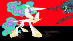 Size: 1920x1080 | Tagged: safe, artist:ja0822ck, character:princess celestia, character:queen chrysalis, episode:a canterlot wedding, g4, my little pony: friendship is magic, fight, horn, horns are touching