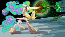 Size: 1920x1080 | Tagged: safe, artist:ja0822ck, character:princess celestia, character:queen chrysalis, episode:a canterlot wedding, g4, my little pony: friendship is magic, earth, fight, horn, horns are touching, magic, moon, space
