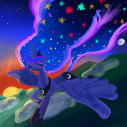 Size: 1920x1920 | Tagged: safe, artist:ja0822ck, character:princess luna, species:alicorn, species:pony, g4, eyes closed, female, flying, mare, solo, sunset