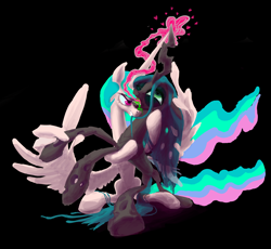 Size: 10000x9210 | Tagged: safe, artist:ja0822ck, character:princess celestia, character:queen chrysalis, g4, changeling feeding, duo, duo female, feeding, female, grin, love, mouth hold, smiling