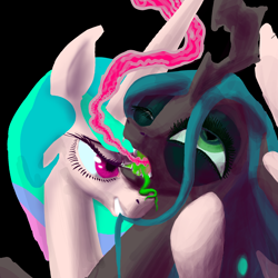 Size: 5340x5340 | Tagged: safe, artist:ja0822ck, character:princess celestia, character:queen chrysalis, g4, changeling feeding, cropped, duo, duo female, female, grin, mouth hold, smiling