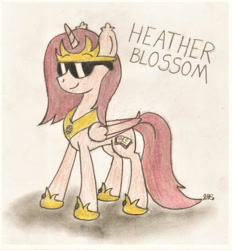 Size: 724x779 | Tagged: safe, artist:brogararts, oc, oc only, oc:princess heather blossom, species:alicorn, species:pony, g4, alicorn oc, female, horn, mare, smiling, solo, sunglasses, traditional art, wings