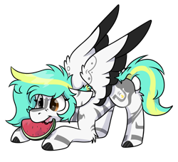 Size: 1132x1032 | Tagged: safe, artist:rokosmith26, oc, oc only, oc:rokosmith, species:pegasus, species:pony, g4, cute, eating, female, floppy ears, food, heterochromia, leaning, looking down, mare, markings, short hair, simple background, solo, spread wings, tail, transparent background, tribal marking, watermelon, wings