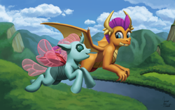 Size: 1750x1109 | Tagged: safe, artist:zevironmoniroth, character:ocellus, character:smolder, species:changeling, species:dragon, species:reformed changeling, g4, cute, diaocelles, duo, flying, forest, mountain, open mouth, river, scenery, signature, smiling, smolderbetes, tree