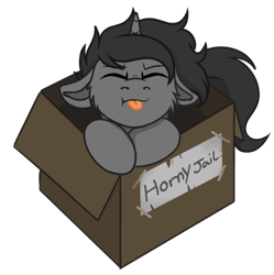Size: 583x586 | Tagged: safe, artist:rokosmith26, part of a set, oc, oc only, oc:wilson, species:pony, species:unicorn, g4, box, cheek fluff, chibi, commission, cute, eyes closed, floppy ears, horn, horny jail, looking at you, male, pony in a box, roko's box ponies, short hair, simple background, solo, stallion, tail, text, tongue out, transparent background, ych result