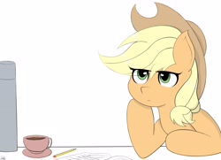 Size: 3514x2549 | Tagged: safe, artist:drawalaverr, character:applejack, species:earth pony, species:pony, g4, applejack's hat, book, clothing, coffee, cowboy hat, cup, eye clipping through hair, female, hat, mare, missing freckles, pencil, simple background, solo, table, thermos, thinking, white background