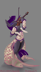 Size: 1534x2650 | Tagged: safe, artist:shunka warakin, oc, oc only, oc:black snooty, species:pony, bedroom eyes, bipedal, clothing, corset, eyeshadow, female, hoof hold, lace, looking at you, musical instrument, not maud pie, open mouth, see-through, solo, violin