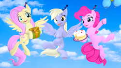 Size: 1920x1080 | Tagged: safe, artist:owlpirate, character:derpy hooves, character:fluttershy, character:pinkie pie, species:earth pony, species:pegasus, species:pony, g4, 3d, balloon, cake, clothing, flying, food, hat, party hat, present, source filmmaker, tongue out