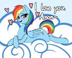 Size: 1500x1200 | Tagged: safe, artist:plaguemare, character:rainbow dash, species:pegasus, species:pony, /mlp/, g4, backwards cutie mark, blushing, bronybait, cloud, drawthread, female, floating heart, heart, i love you, implied anon, looking at you, on a cloud, requested art, smiling, smiling at you, solo, talking to viewer