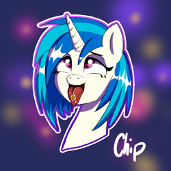 Size: 1200x1200 | Tagged: safe, artist:plaguemare, character:dj pon-3, character:vinyl scratch, species:pony, species:unicorn, /mlp/, g4, ahegao, bust, drawthread, drugs, female, lsd, open mouth, portrait, solo, tongue out
