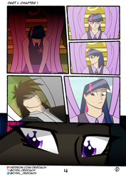 Size: 1000x1415 | Tagged: safe, artist:cyril_deroach, character:twilight sparkle, character:twilight sparkle (alicorn), oc, species:alicorn, species:human, species:pony, fanfic:tales from equestria, g4, comic, crossover, humanized, lucifer, twilight's castle, winged humanization, wings