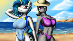 Size: 1434x811 | Tagged: safe, artist:bomzzzik, character:dj pon-3, character:octavia melody, character:vinyl scratch, species:anthro, species:earth pony, species:pony, species:unicorn, g4, arm behind head, beach, belly button, bikini, breasts, busty octavia, busty vinyl scratch, clothing, digital art, fanart, female, grin, hat, one-piece swimsuit, smiling, swimsuit