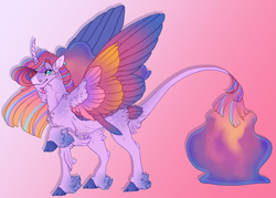 Size: 2507x1793 | Tagged: safe, artist:seffiron, oc, oc:midnight magic, parent:princess luna, parent:twilight sparkle, parents:twiluna, species:alicorn, species:pony, g4, cloven hooves, colored wings, curved horn, horn, leonine tail, magical lesbian spawn, male, multicolored wings, offspring, solo, stallion, unshorn fetlocks, wings