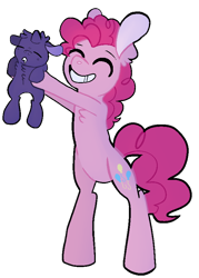 Size: 616x862 | Tagged: safe, artist:greyestgray, character:pinkie pie, oc, oc:frosting sprinkles, parent:pinkie pie, species:pony, species:unicorn, g4, baby, baby pony, bipedla, female, filly, holding a pony, mother and child, mother and daughter, offspring, simple background, transparent background