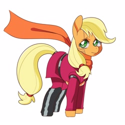 Size: 1600x1600 | Tagged: safe, artist:zettaidullahan, character:applejack, species:earth pony, species:pony, g4, boots, cape, clothing, cyborg 009, female, mare, shoes, simple background, white background