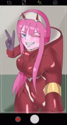 Size: 1600x2993 | Tagged: safe, artist:zettaidullahan, character:pinkie pie, species:human, g4, clothing, cosplay, costume, darling in the franxx, devil horns, female, gloves, grin, humanized, one eye closed, phone screen, selfie, smiling, solo, wink, zero two (darling in the franxx)