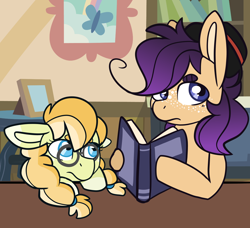 Size: 1392x1272 | Tagged: safe, artist:greyestgray, oc, oc only, oc:anjou smith, oc:honey gold, parent:applejack, parent:rarity, parents:rarijack, species:earth pony, species:pony, g4, ambiguous gender, book, clothing, female, filly, glasses, hat, magical lesbian spawn, offspring