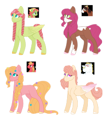 Size: 1280x1494 | Tagged: safe, artist:wispyaxolotl, edit, character:big mcintosh, character:bulk biceps, character:tree hugger, character:trouble shoes, oc, oc only, parent:big macintosh, parent:bulk biceps, parent:fluttershy, parent:tree hugger, parent:trouble shoes, parents:flutterbulk, parents:flutterhugger, parents:fluttermac, parents:troubleshy, unnamed oc, species:earth pony, species:pegasus, species:pony, g4, braid, colored hooves, colored wings, colored wingtips, dreadlocks, female, flower, flower in hair, flower in tail, folded wings, magical lesbian spawn, mare, no pupils, offspring, piebald colouring, simple background, transparent background, wings
